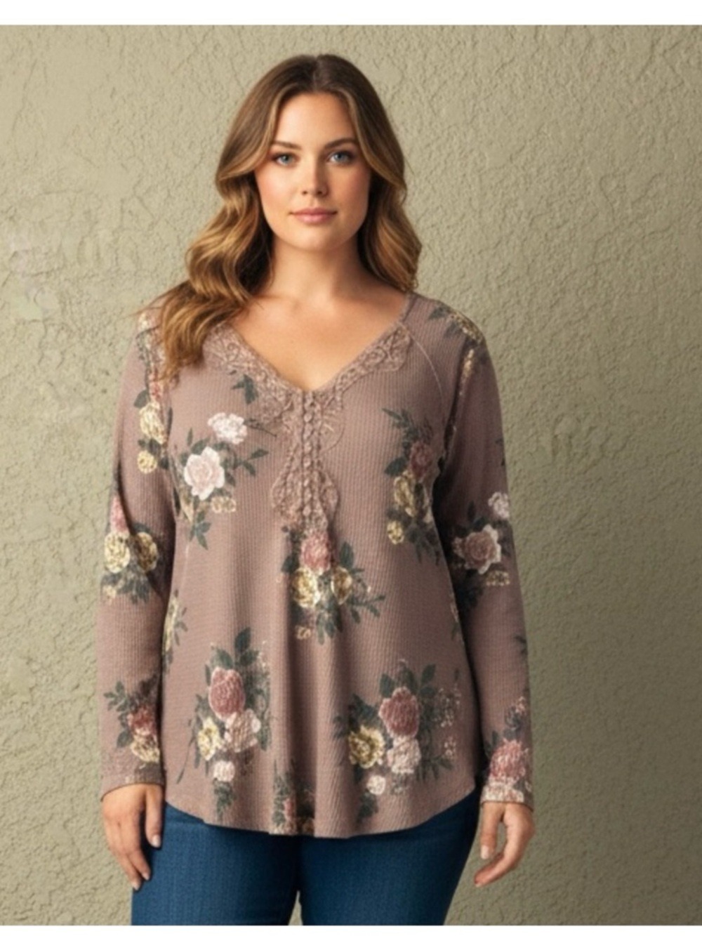 Torrid Plus Size 2 Floral Long Sleeve waffle knit Thermal Top with lace trim